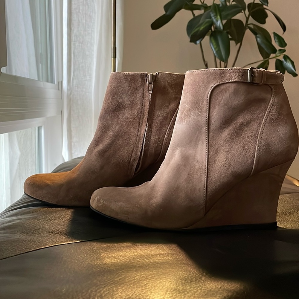 LANVIN Boucle Suede Wedge Booties in Tan in Size 9